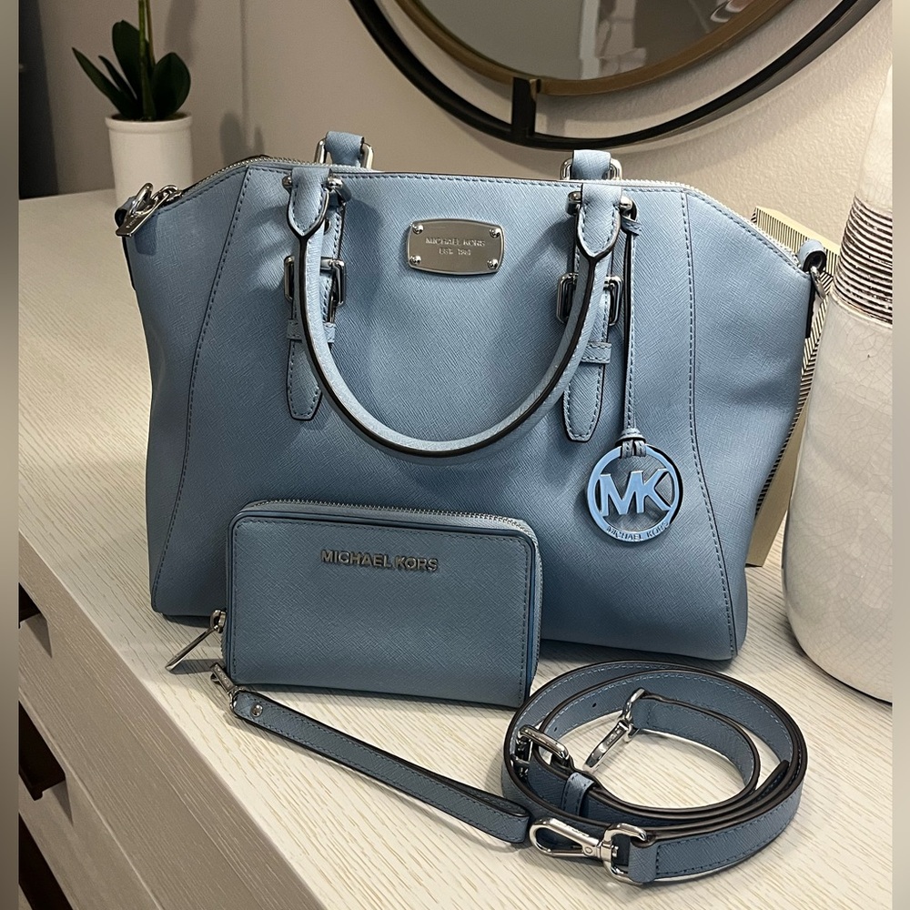 EUC Michael Kors Ciara Saffiano Leather Pale Blue Satchel with matching wristlet
